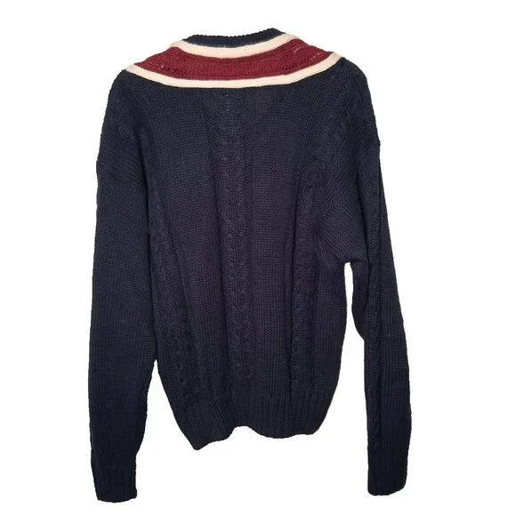Vintage 90s Stefano Man Sweater L Blue Maroon Cable Knit V Neck Academia Preppy - Picture 2 of 14